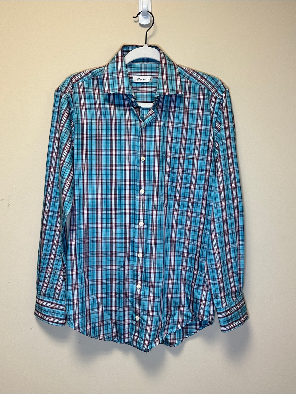 Peter Millar Burgundy Teal Plaid Cotton Silk Blend Button-Up Small Shirt
